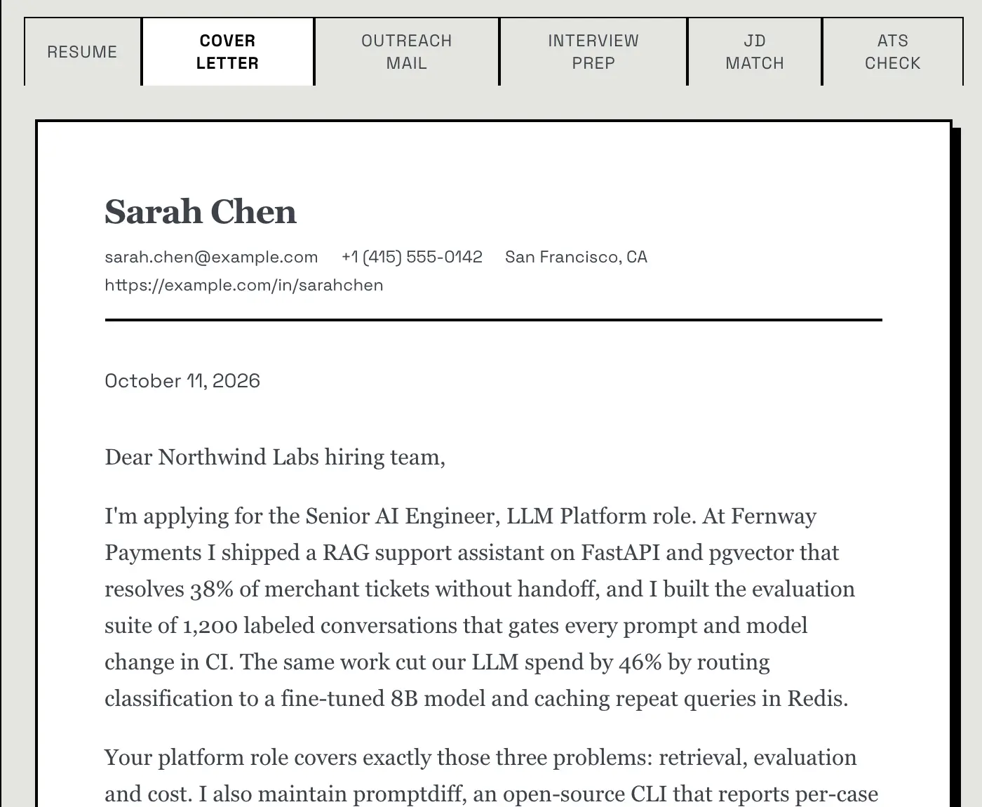 The Cover Letter tab in the builder: the print preview with the candidate's name and contact details, the date, and a letter to the Northwind Labs hiring team for a Senior AI Engineer role