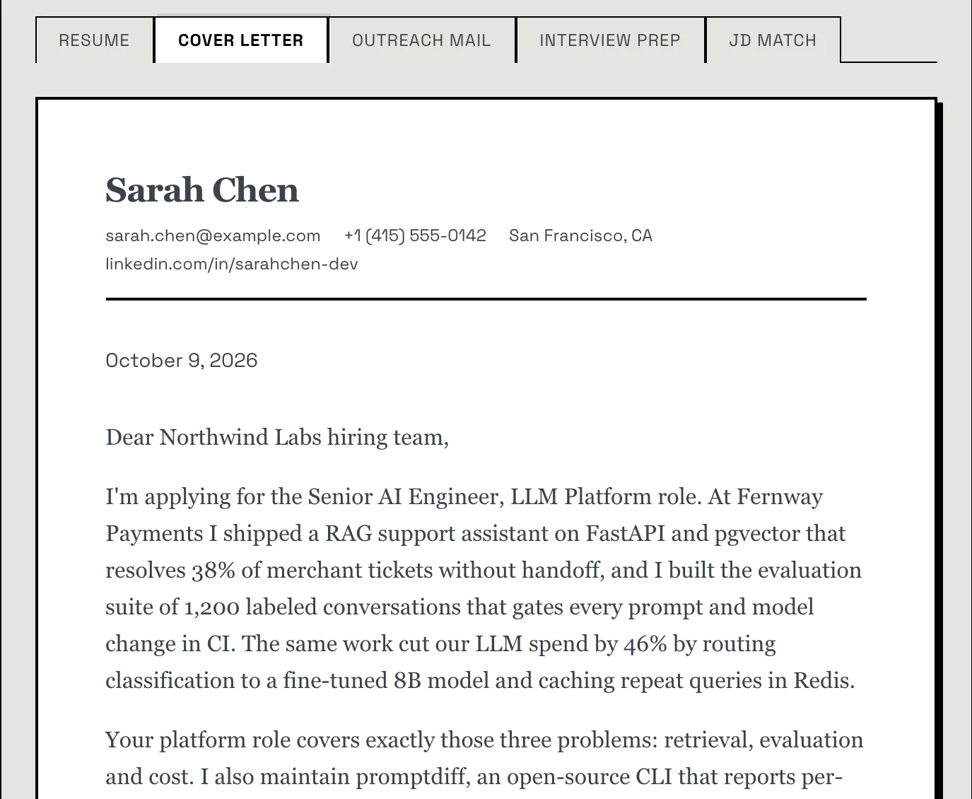 The Cover Letter tab in the builder: the print preview with the candidate's name and contact details, the date, and a letter to the Northwind Labs hiring team for a Senior AI Engineer role
