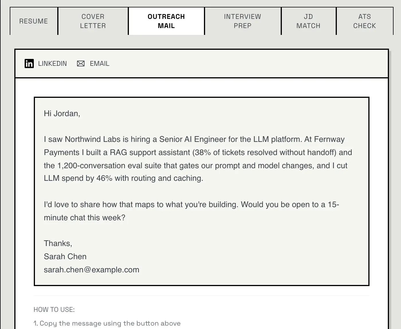 The Outreach Mail tab in the builder: a short message to Northwind Labs about the Senior AI Engineer role, previewed for LinkedIn or email, with how-to-use steps under it