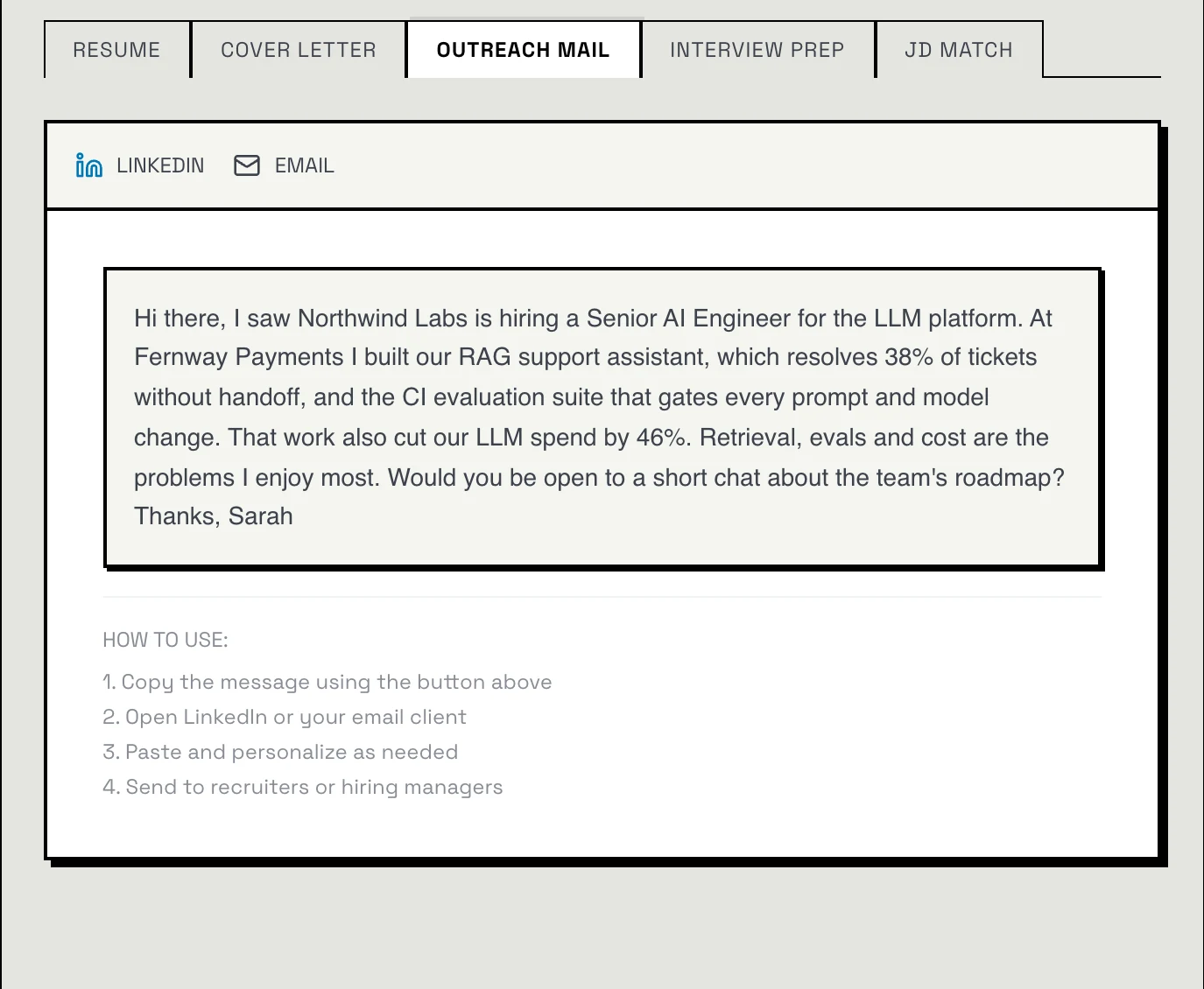 The Outreach Mail tab in the builder: a short message to Northwind Labs about the Senior AI Engineer role, previewed for LinkedIn or email, with how-to-use steps under it