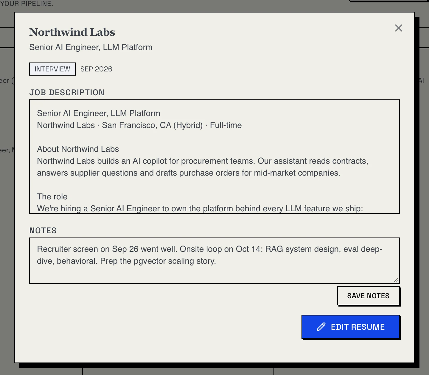 A card opened from the tracker: Northwind Labs, Senior AI Engineer, LLM Platform, in the Interview stage, with the job description, notes about the recruiter screen and the onsite loop, a Save Notes button and an Edit Resume button