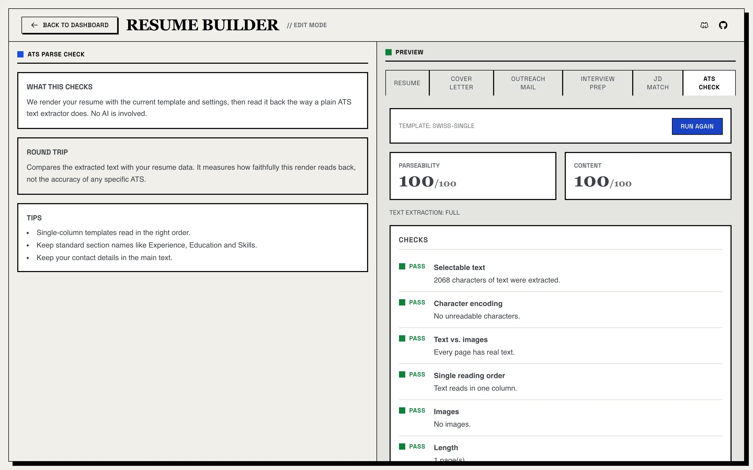 ATS Check tab: Parseability 100/100 and Content 100/100 for the Single Column template, text extraction full, and a list of passed checks such as selectable text, character encoding, text vs. images, single reading order, images and length