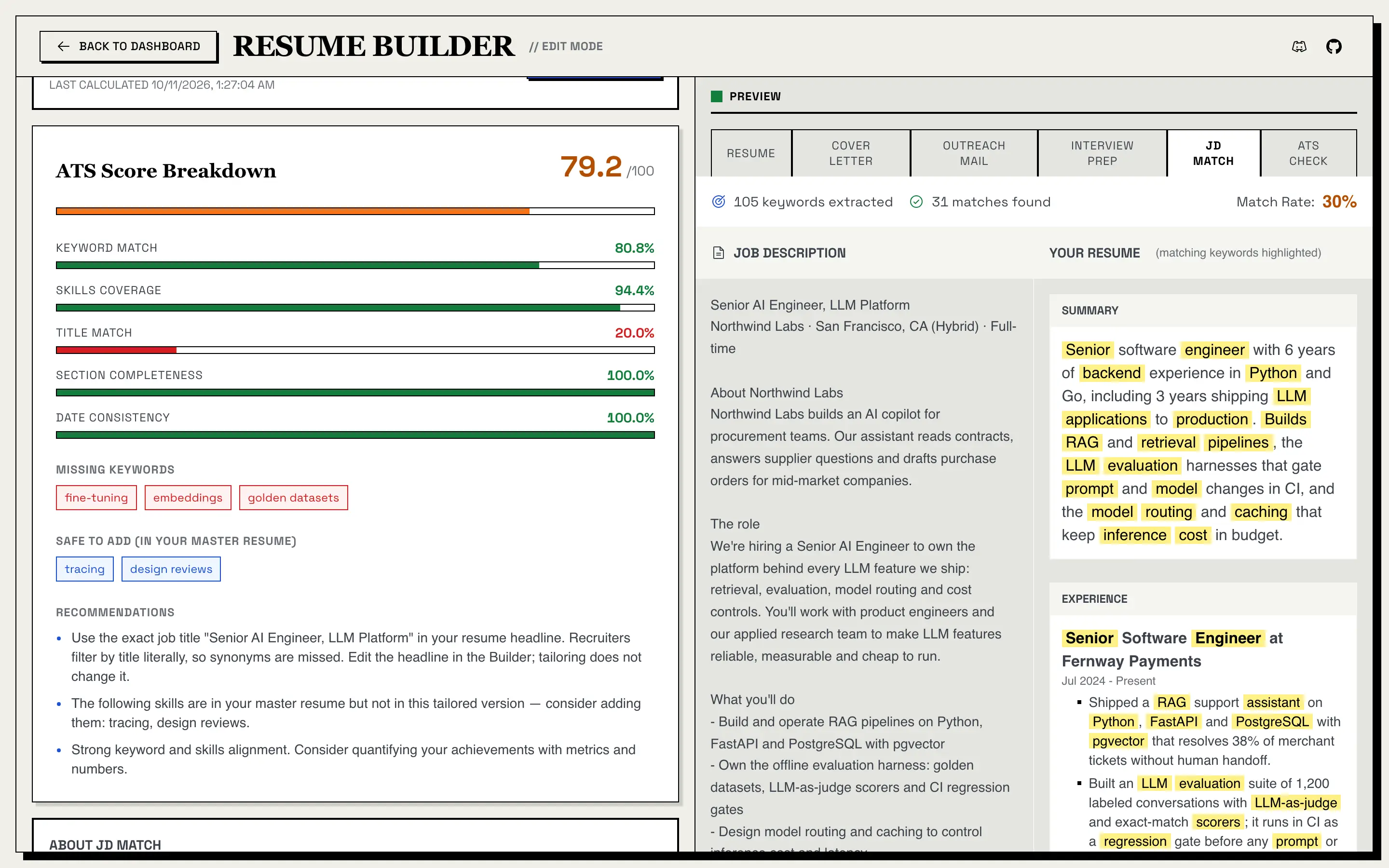 ATS Score Breakdown: 79.2 out of 100, with keyword match 80.8%, skills coverage 94.4%, title match 20.0%, section completeness 100% and date consistency 100%, then three missing keywords, two keywords safe to add from the master resume, and recommendations