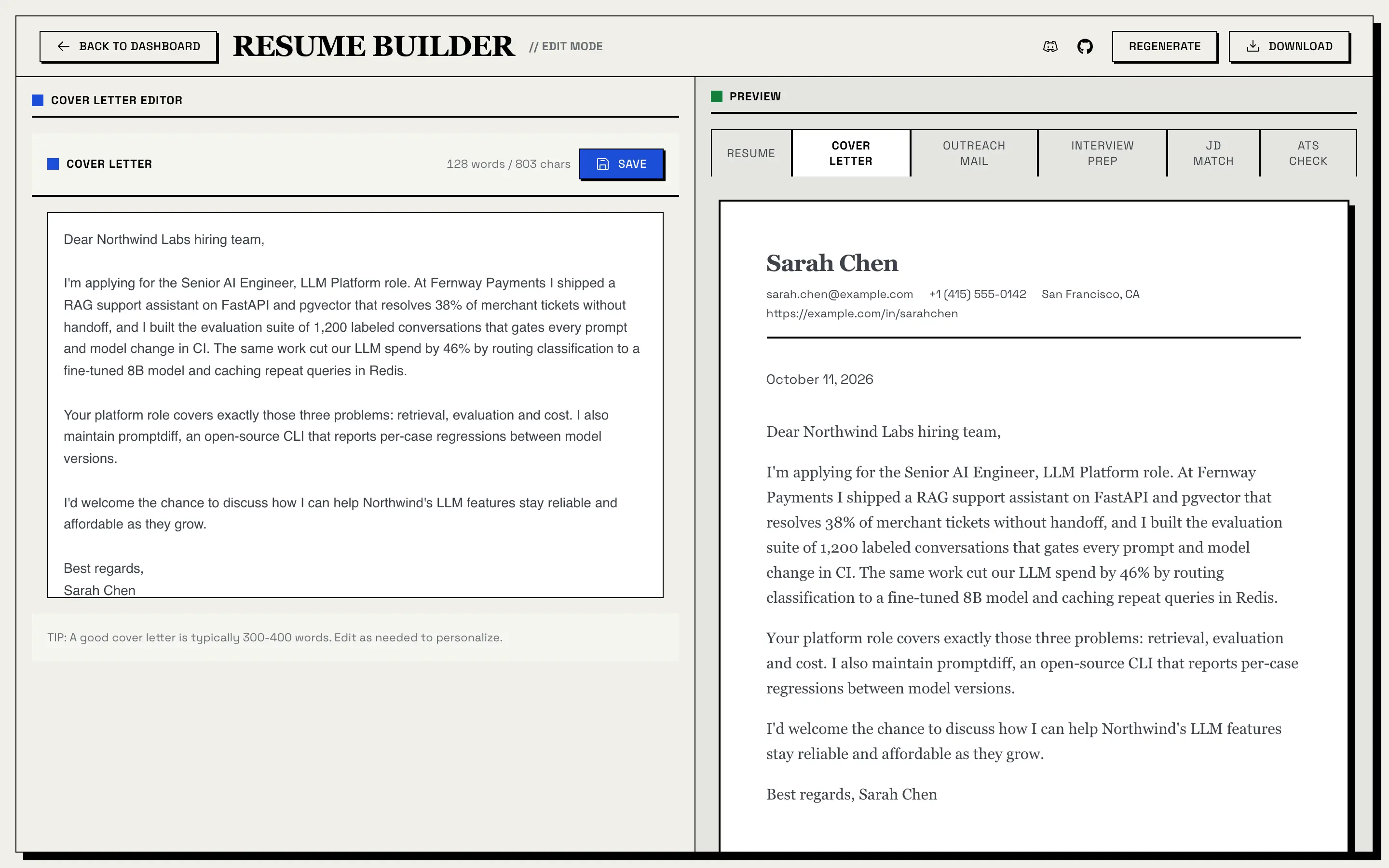 Cover Letter tab: the letter in an editor on the left with its word count and a Save button, and its print layout with contact details and the date on the right