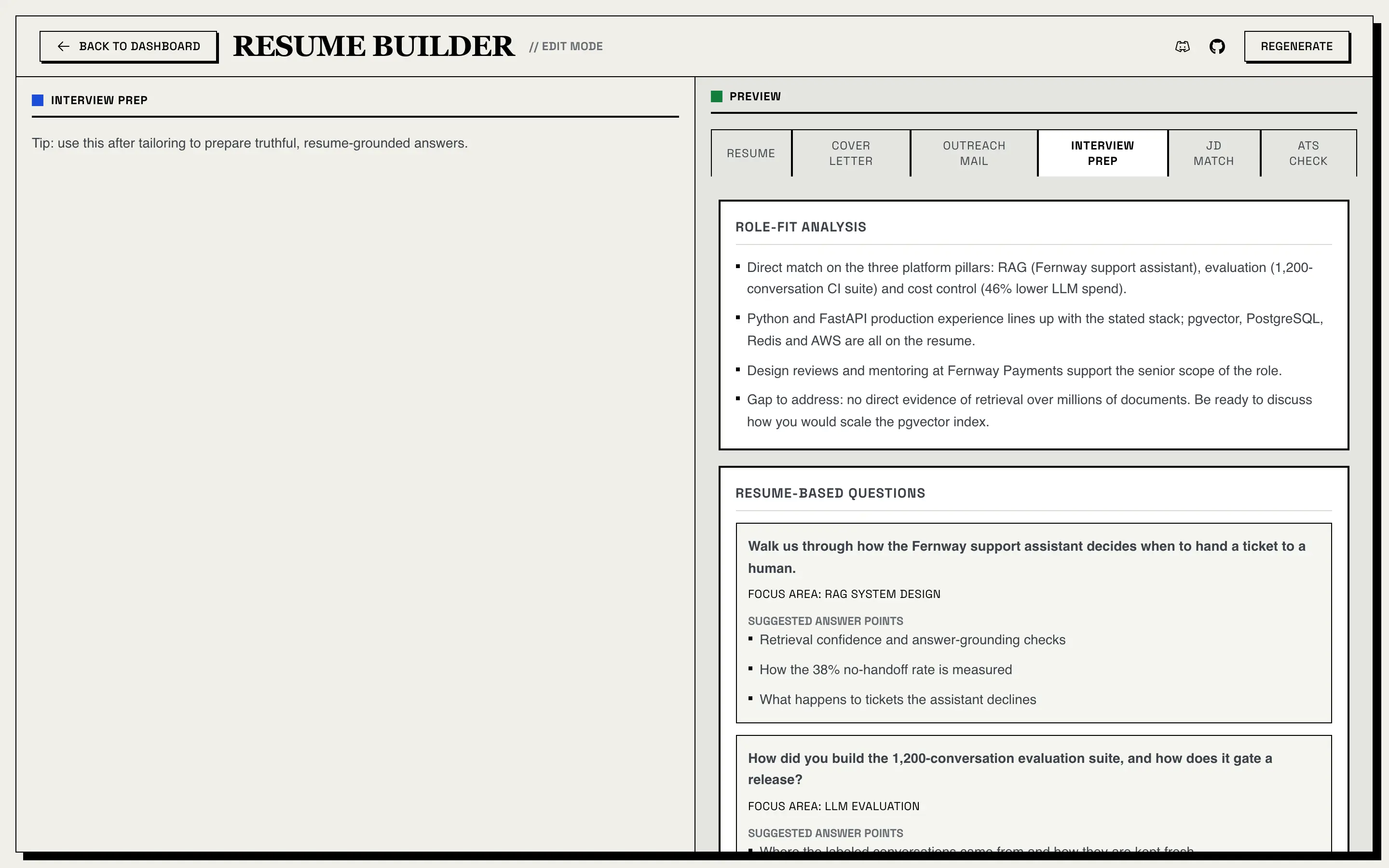 Interview Prep tab: a role-fit analysis ending with one gap to address, then resume-based questions, each with a focus area and suggested answer points
