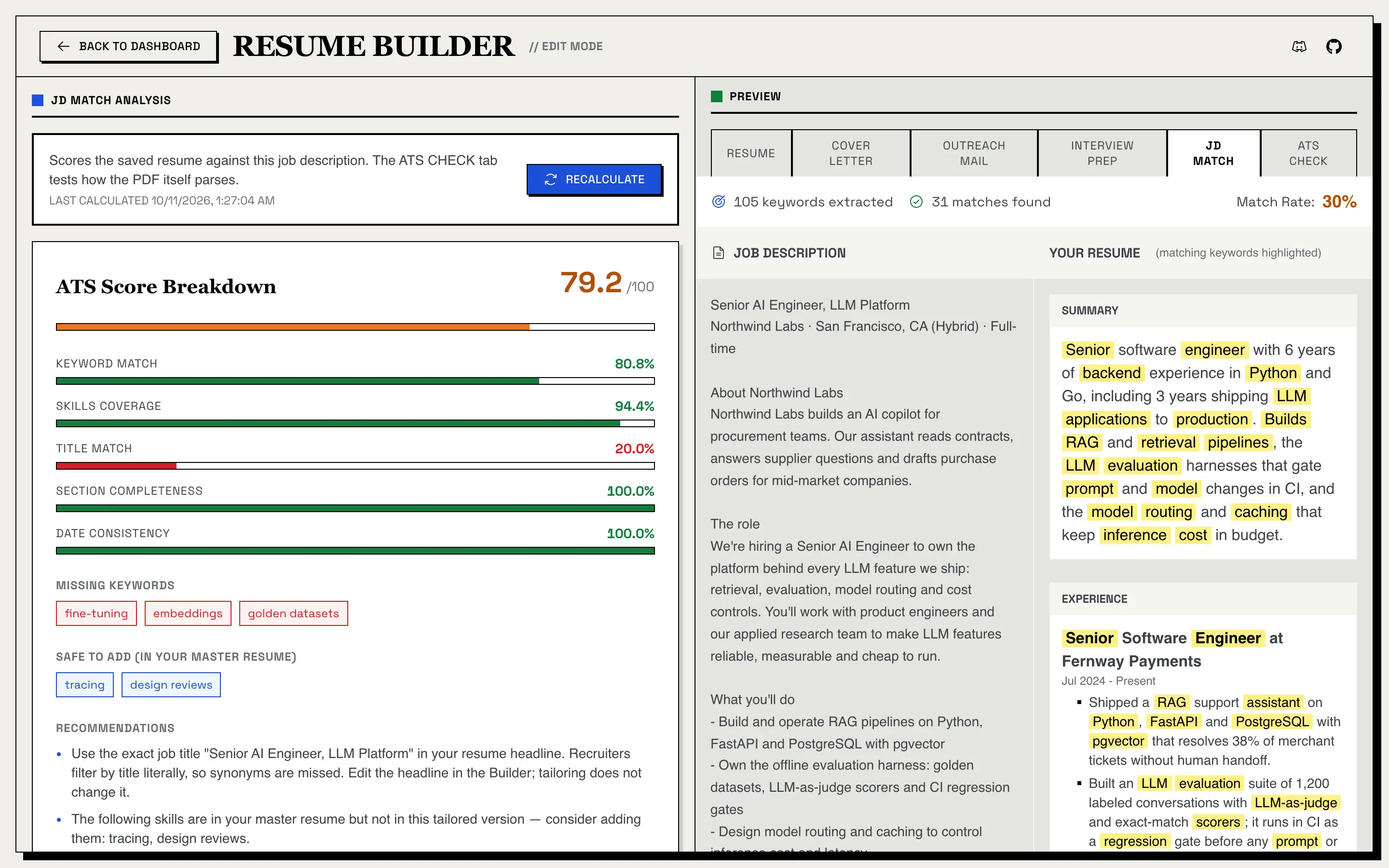 The JD Match tab: 105 keywords extracted, 31 matches found, a 30% match rate, the job description beside the resume with matching keywords highlighted in yellow, and an ATS Score Breakdown of 79.2 out of 100 on the left