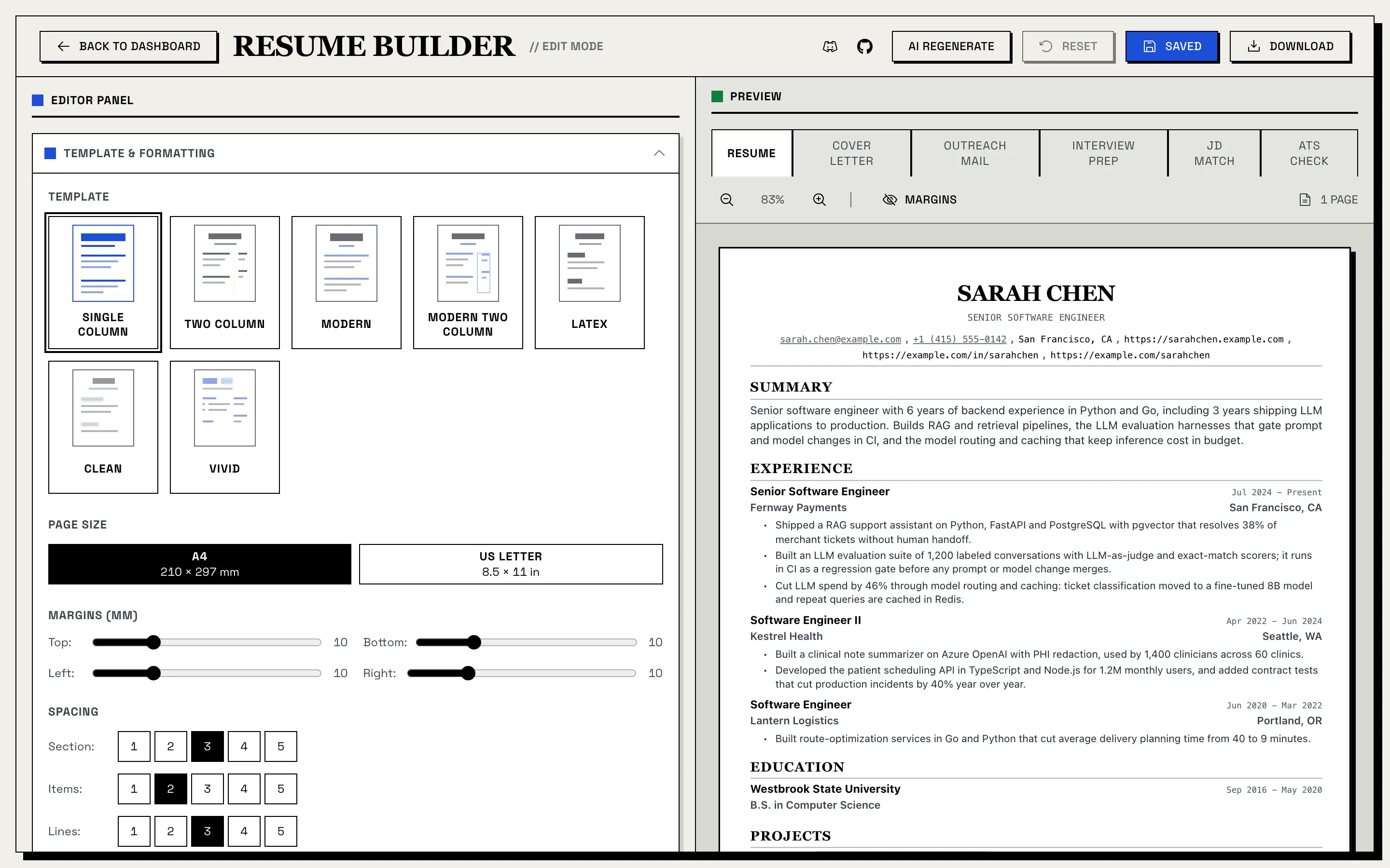 The Resume Builder: the editor panel with the template picker on the left, and a live one-page preview of the resume on the right, with tabs for Cover Letter, Outreach Mail, Interview Prep, JD Match and ATS Check