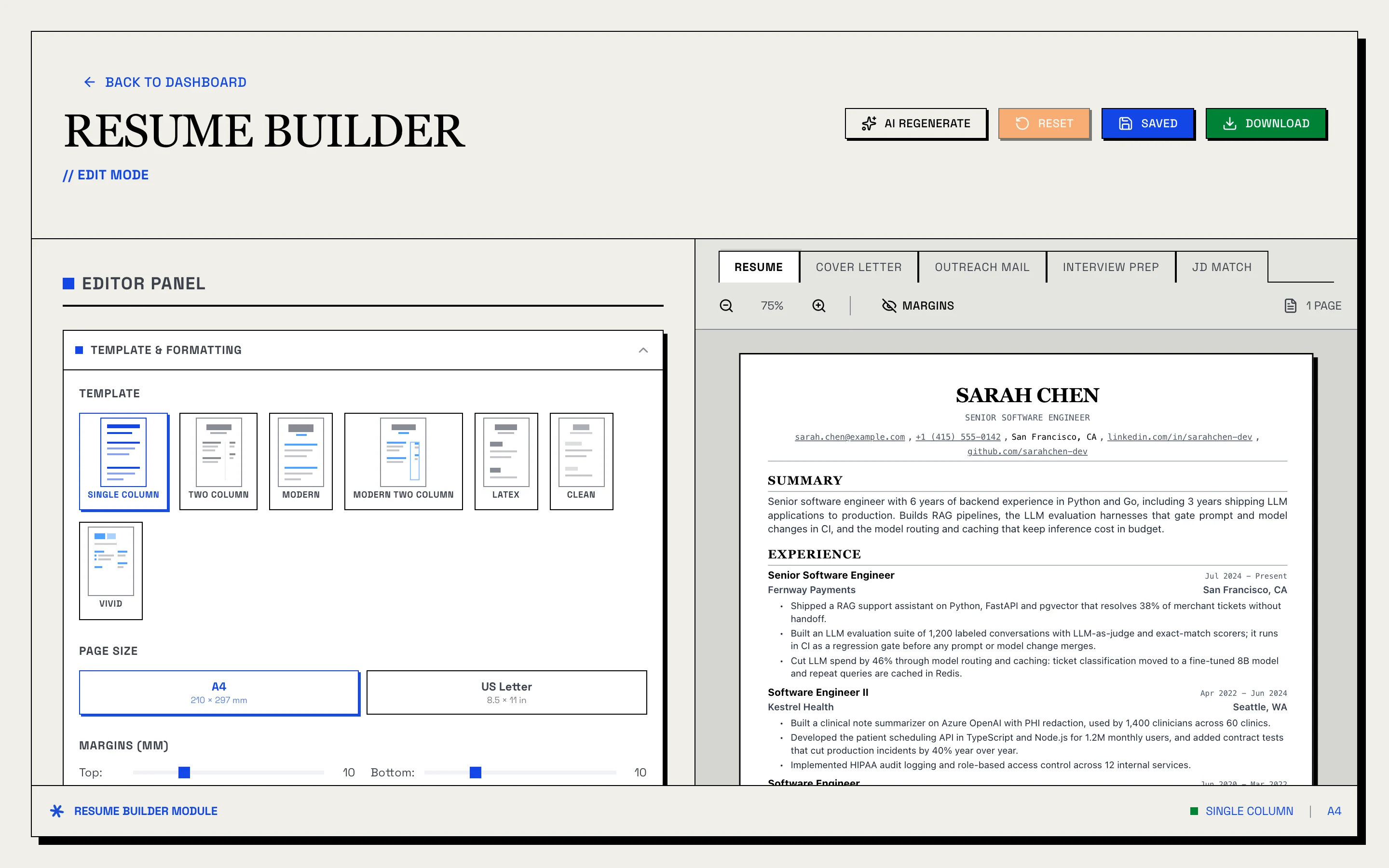 The Resume Builder: the editor panel with the template picker on the left, and a live one-page preview of the resume on the right, with tabs for Cover Letter, Outreach Mail, Interview Prep and JD Match
