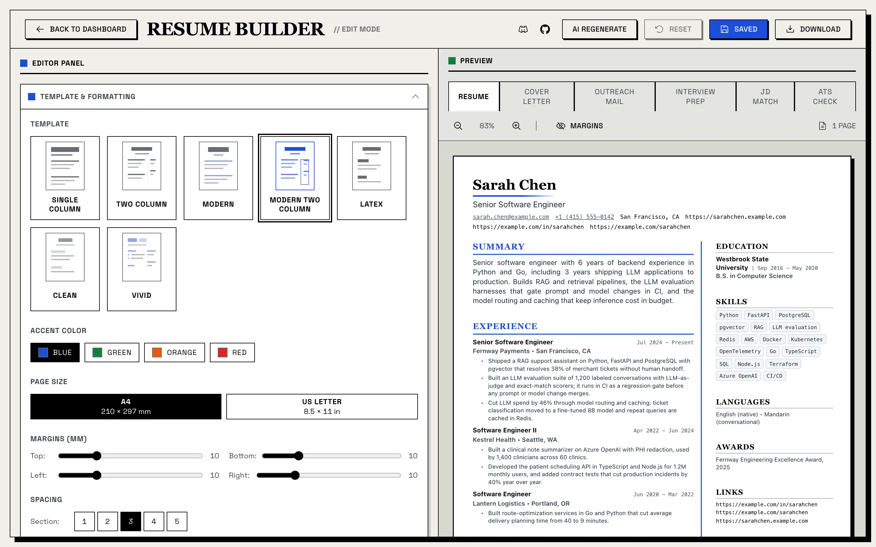 Template & Formatting panel with the Modern Two Column template selected and the blue accent color, next to a live two-column preview of the resume