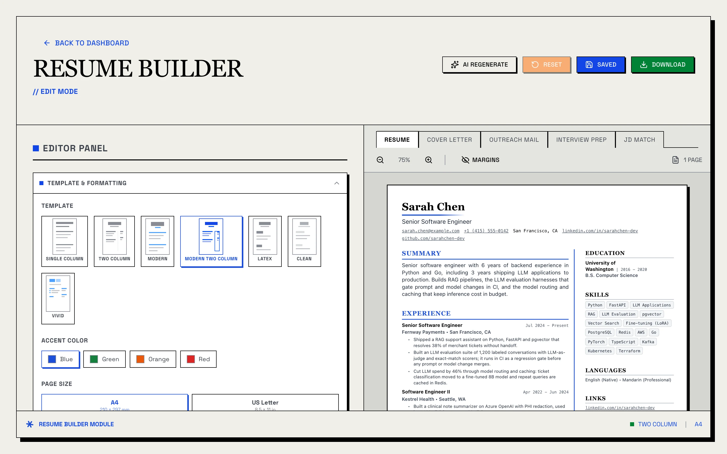 The Template & Formatting panel with the Modern Two Column template and the blue accent selected, and the preview showing the resume in two columns: summary and experience on the left, education, skills, languages and links on the right