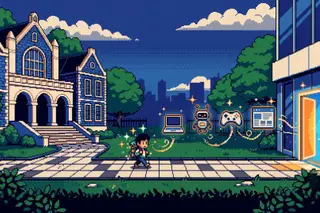 Pixel art of a student walking from a university building toward a glowing office door, passing a laptop, a robot, a game controller and a website window