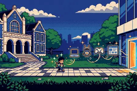 Pixel art of a student walking from a university building toward a glowing office door, passing a laptop, a robot, a game controller and a website window