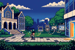 Pixel art of a student walking from a university building toward a glowing office door, passing a laptop, a robot, a game controller and a website window