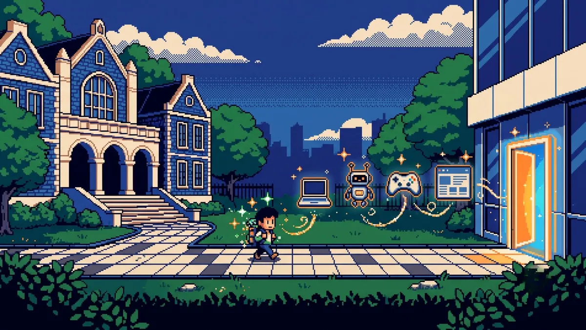 Pixel art of a student walking from a university building toward a glowing office door, passing a laptop, a robot, a game controller and a website window