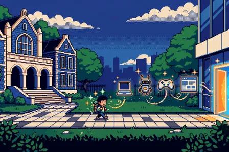 Pixel art de um estudante caminhando de um prédio da universidade até a porta iluminada de um escritório, passando por um notebook, um robô, um controle de videogame e uma janela de site