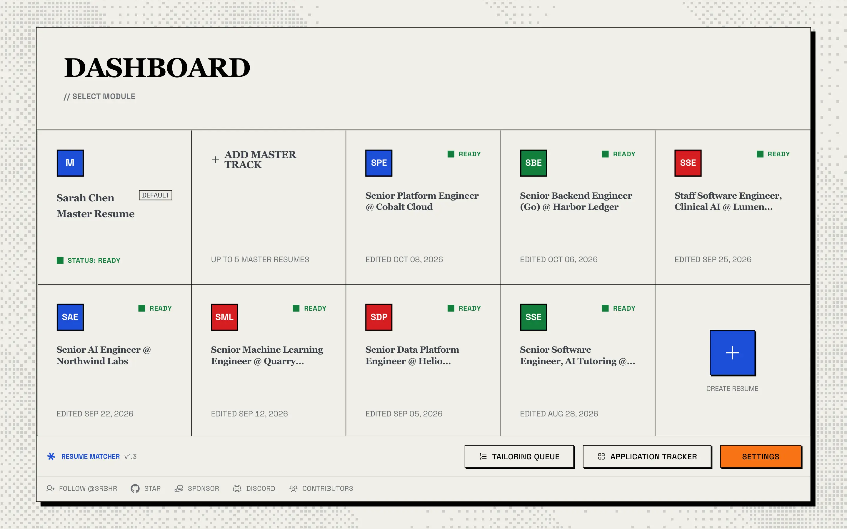 Dashboard with the default master resume tile, the Add Master Track tile, seven tailored resumes titled Role @ Company with their edit dates, the Create Resume tile, and the Tailoring Queue, Application Tracker and Settings buttons above a row of community links