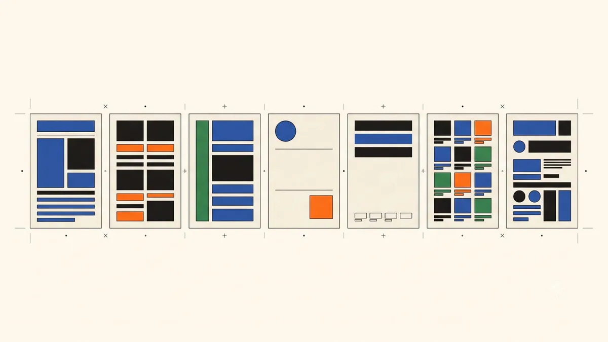 Seven resume layouts drawn as geometric blocks of blue, orange, green and black, lined up on a grid