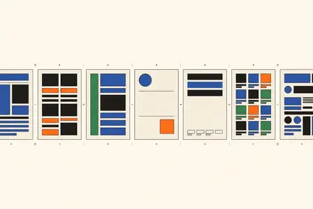 Seven resume layouts drawn as geometric blocks of blue, orange, green and black, lined up on a grid