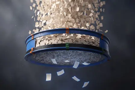 Thousands of paper sheets pouring into a blue sieve, with only a few glowing pages falling through
