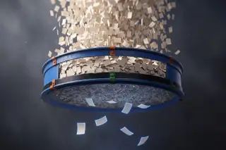 Thousands of paper sheets pouring into a blue sieve, with only a few glowing pages falling through