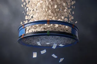 Thousands of paper sheets pouring into a blue sieve, with only a few glowing pages falling through