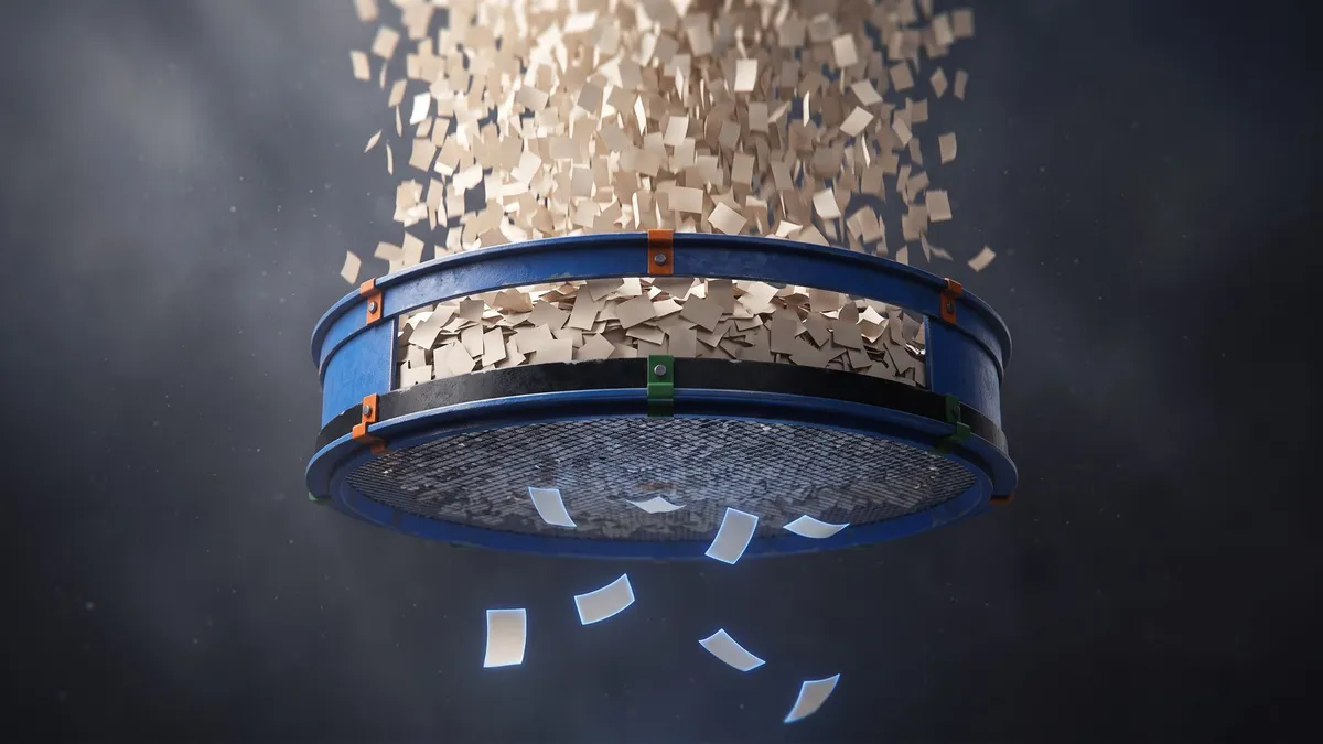 Thousands of paper sheets pouring into a blue sieve, with only a few glowing pages falling through