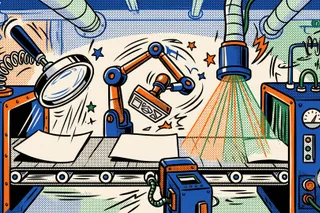 Pop-art comic of a conveyor belt carrying blank pages past a magnifying glass, a robotic stamp and a scanning beam