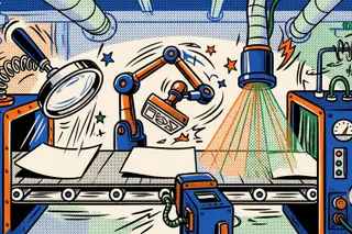 Pop-art comic of a conveyor belt carrying blank pages past a magnifying glass, a robotic stamp and a scanning beam