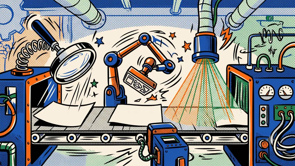 Fumetto pop art di un nastro trasportatore che porta pagine bianche davanti a una lente d'ingrandimento, un timbro robotico e un raggio di scansione