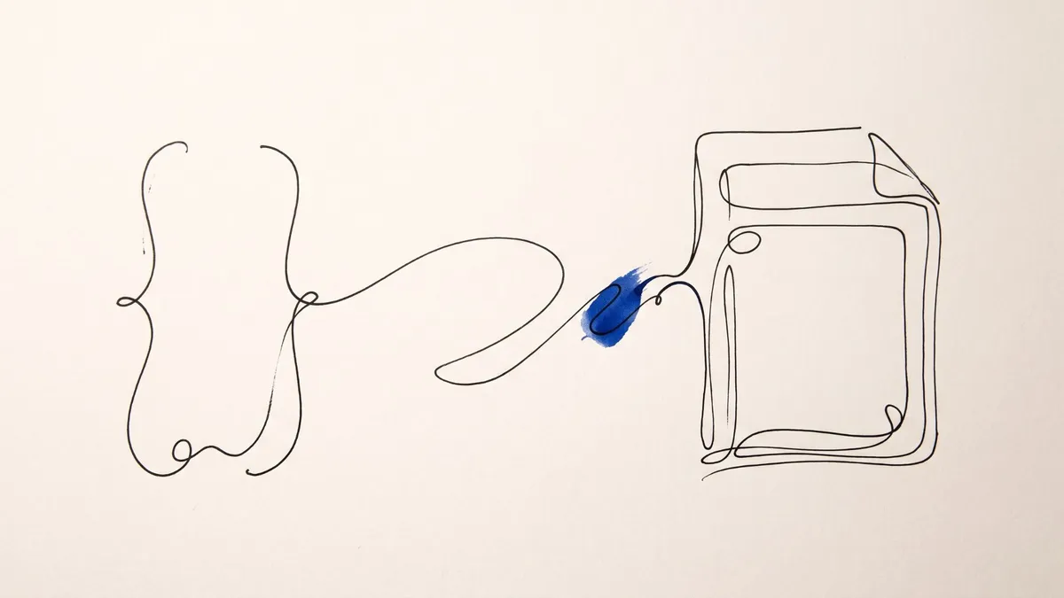 Single-line ink drawing of curly braces that flows into the outline of a document, with one splash of blue ink