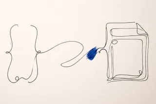 Single-line ink drawing of curly braces that flows into the outline of a document, with one splash of blue ink