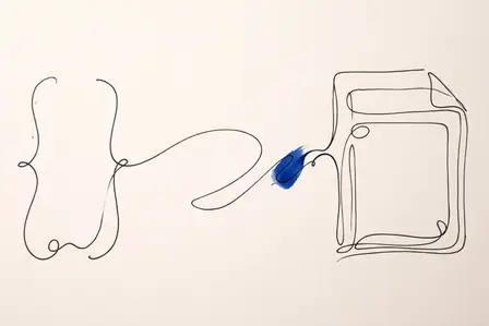 Single-line ink drawing of curly braces that flows into the outline of a document, with one splash of blue ink