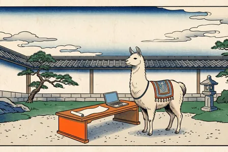 Gravura no estilo xilogravura japonesa de uma lhama em um jardim murado ao lado de uma mesa baixa com um notebook e um rolo de papel