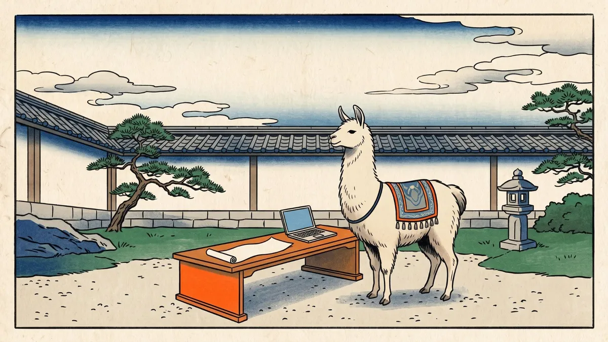 Woodblock-style print of a llama in a walled Japanese garden beside a low desk with a laptop and a paper scroll