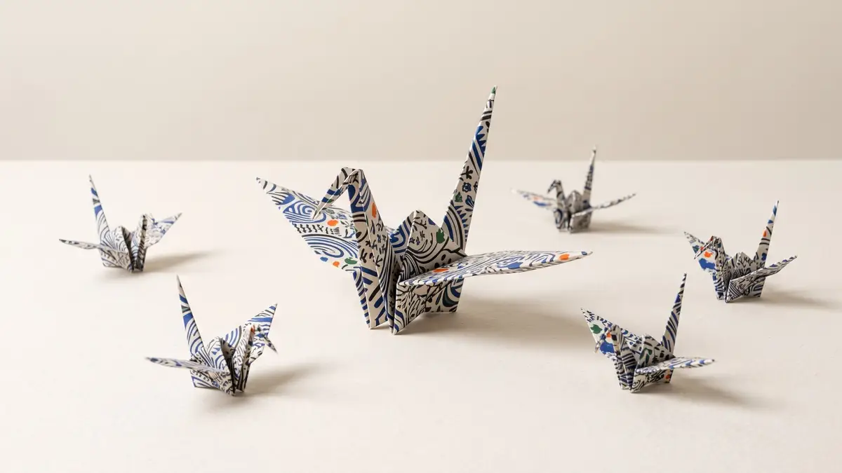Una grande gru di origami decorata, circondata da sei gru più piccole piegate con la stessa carta