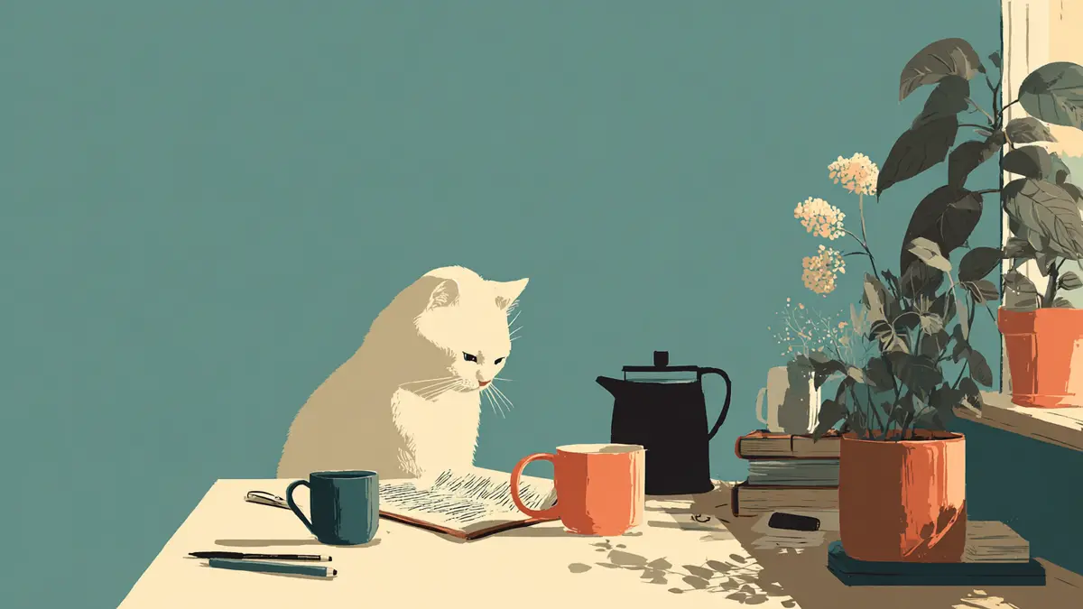 A cat sitting at a table and writing