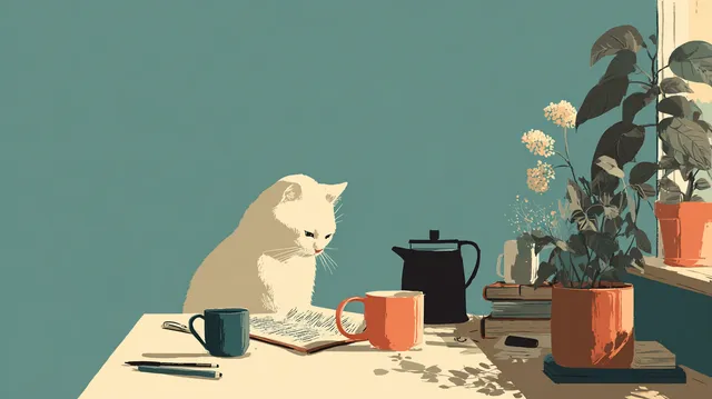 A cat sitting at a table and writing