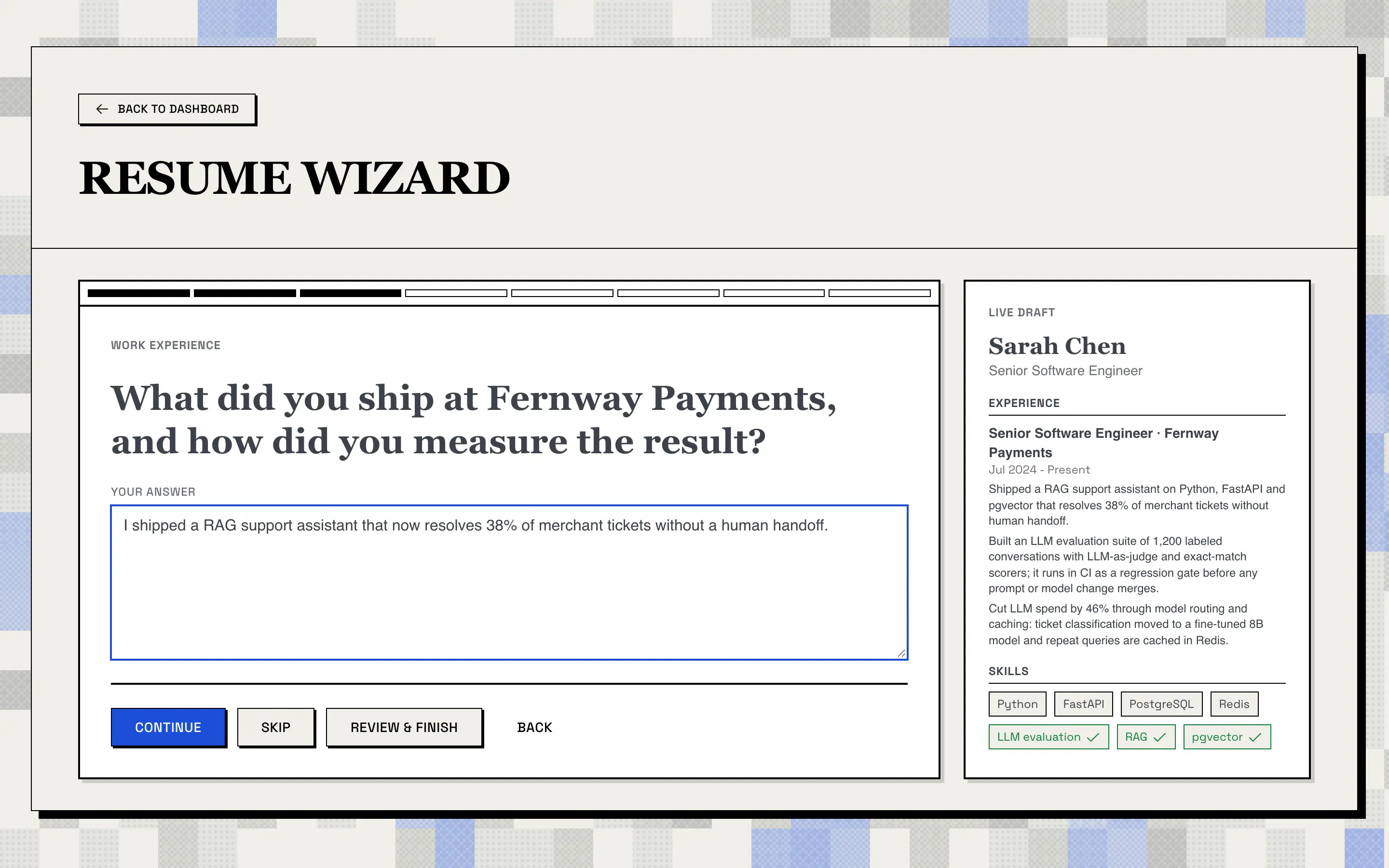 Resume Wizard three steps in, asking what you shipped at Fernway Payments and how you measured it, with an answer typed in, and the Live Draft showing the name, title, one job with three bullet points and a list of skills