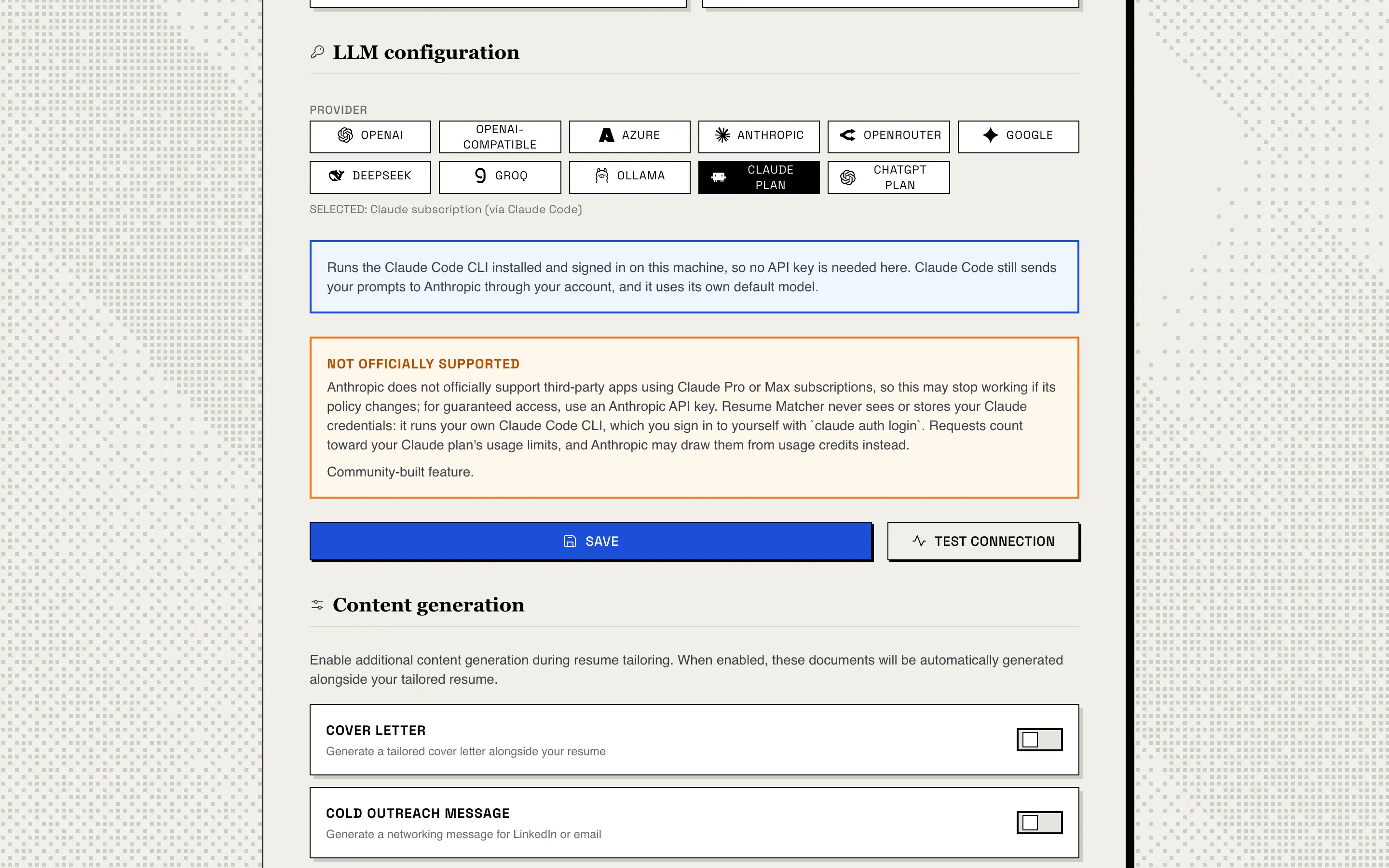 Claude Plan selezionato nelle impostazioni: una nota che indica che esegue la CLI di Claude Code con l’accesso fatto su questa macchina, e un avviso «Not officially supported» sulla policy di Anthropic, sulle credenziali e sui limiti di utilizzo