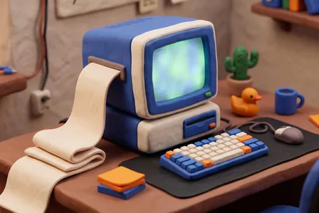 Diorama de massinha de um computador retrô imprimindo uma folha comprida na mesa de um desenvolvedor, ao lado de um patinho de borracha, um cacto e uma caneca de café