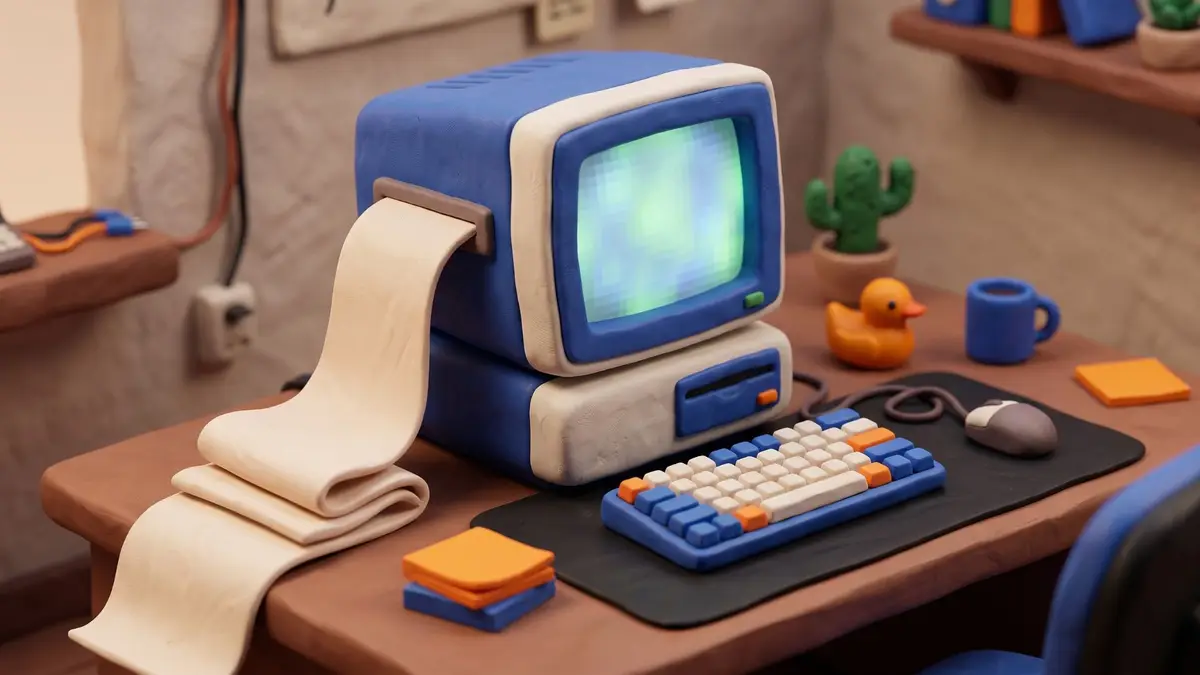 Diorama in plastilina di un computer retrò che stampa un lungo foglio di carta sulla scrivania di uno sviluppatore, accanto a una paperella di gomma, un cactus e una tazza di caffè