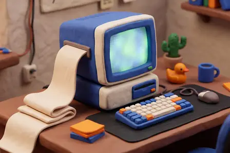 Clay diorama of a retro computer printing a long sheet of paper on a developer's desk, next to a rubber duck, a cactus and a coffee mug