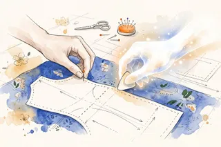 Watercolor of a human hand and a hand made of light pinning and marking a sewing pattern on blue fabric