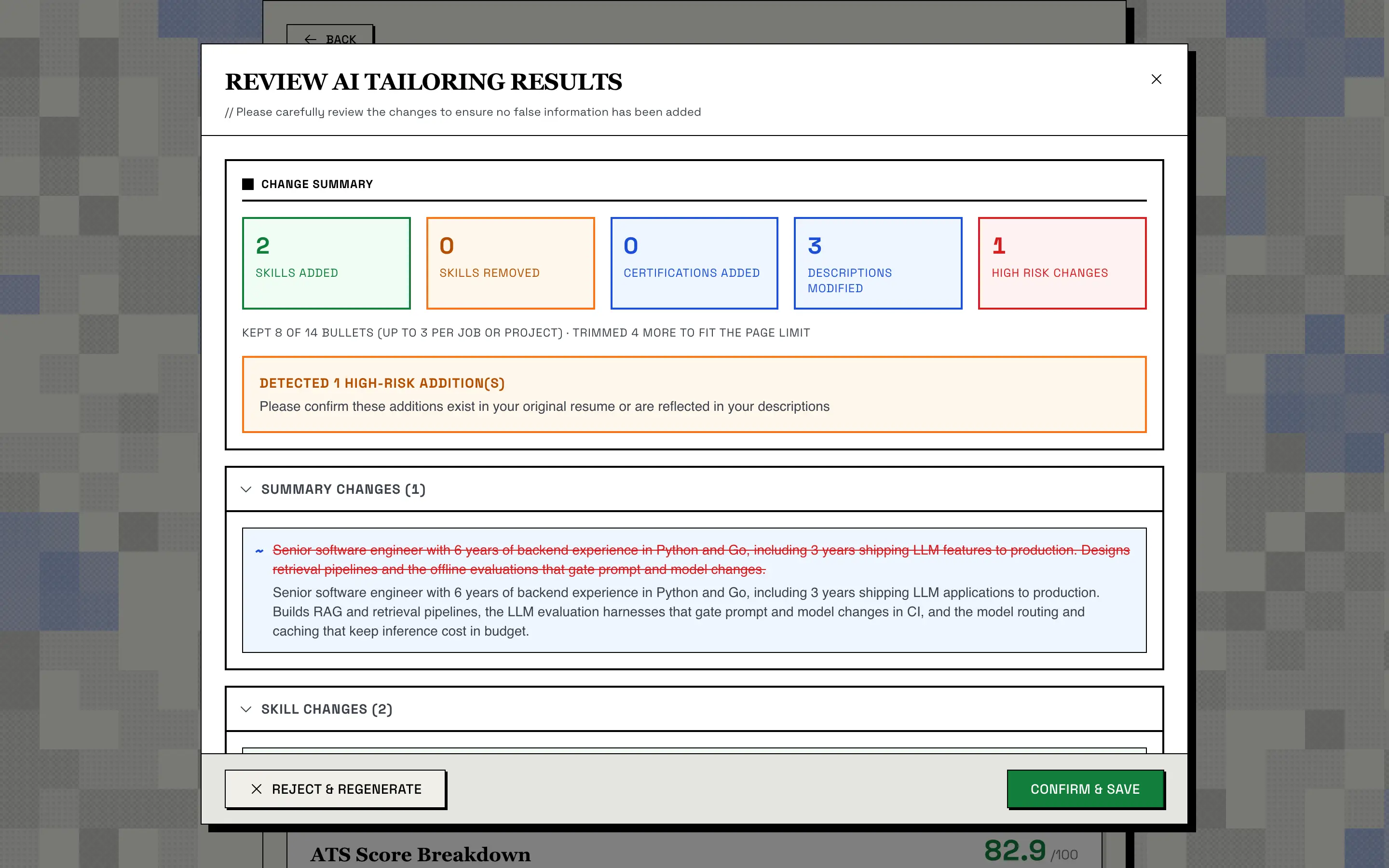 The Review AI Tailoring Results dialog: a change summary with 2 skills added, 3 descriptions modified and 1 high-risk change, a note that 8 of 14 bullets were kept to fit the page limit, a high-risk warning, and the old and new resume summary as a diff, with Reject & Regenerate and Confirm & Save buttons