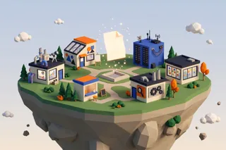 Low-poly floating island with small buildings for different tech roles arranged around a glowing sheet of paper