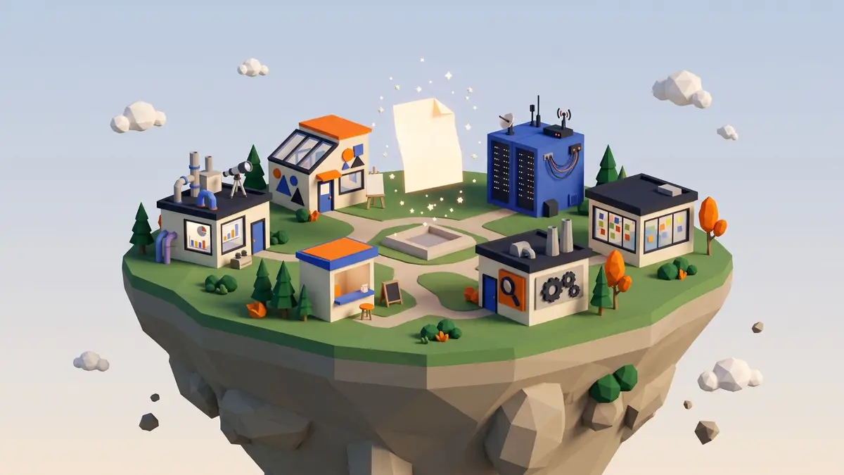 Isola fluttuante in stile low-poly con piccoli edifici per diversi ruoli tech disposti attorno a un foglio di carta luminoso