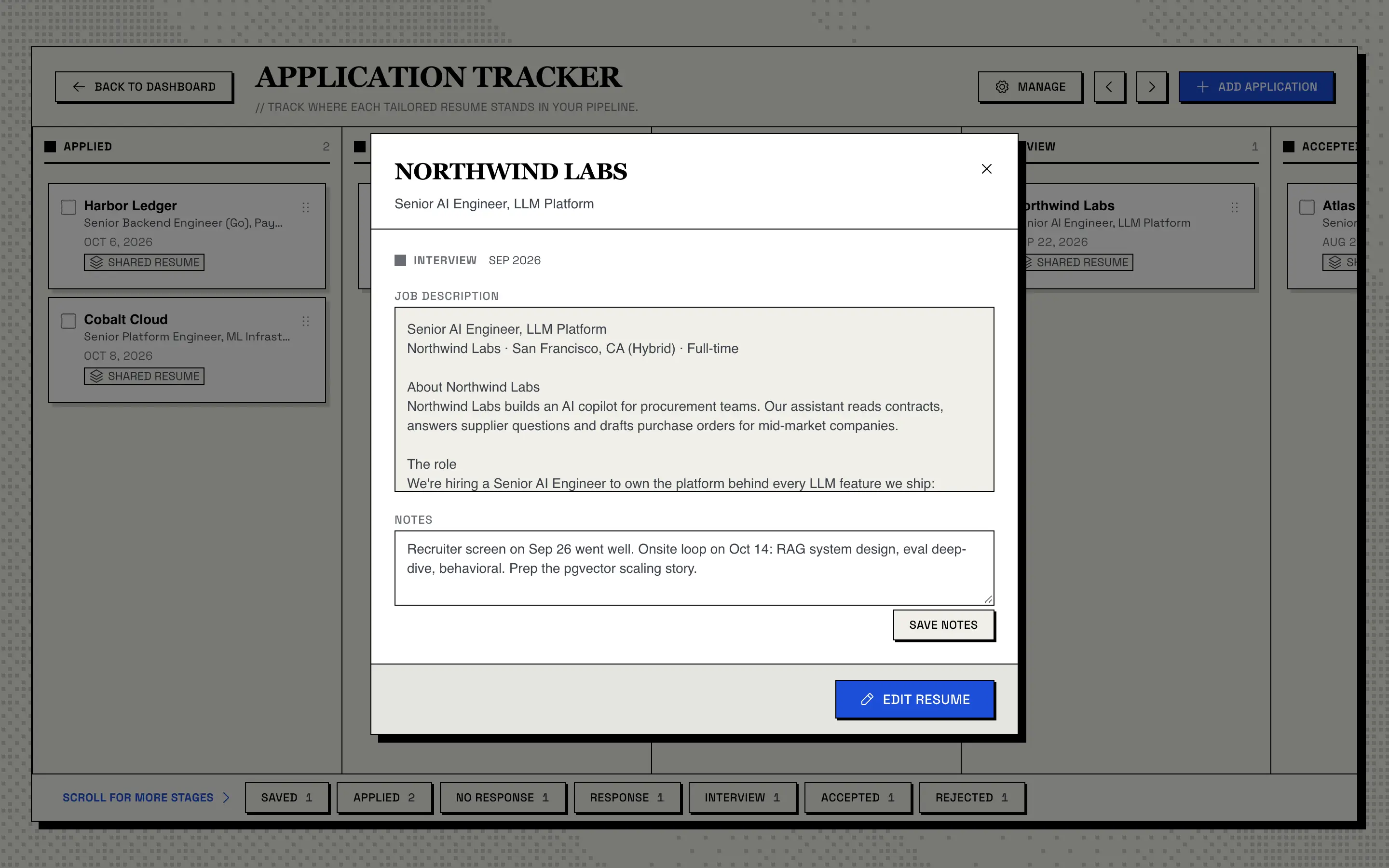 Card detail for Northwind Labs in the Interview stage: the job description, a notes field with Save Notes, and the Edit Resume button