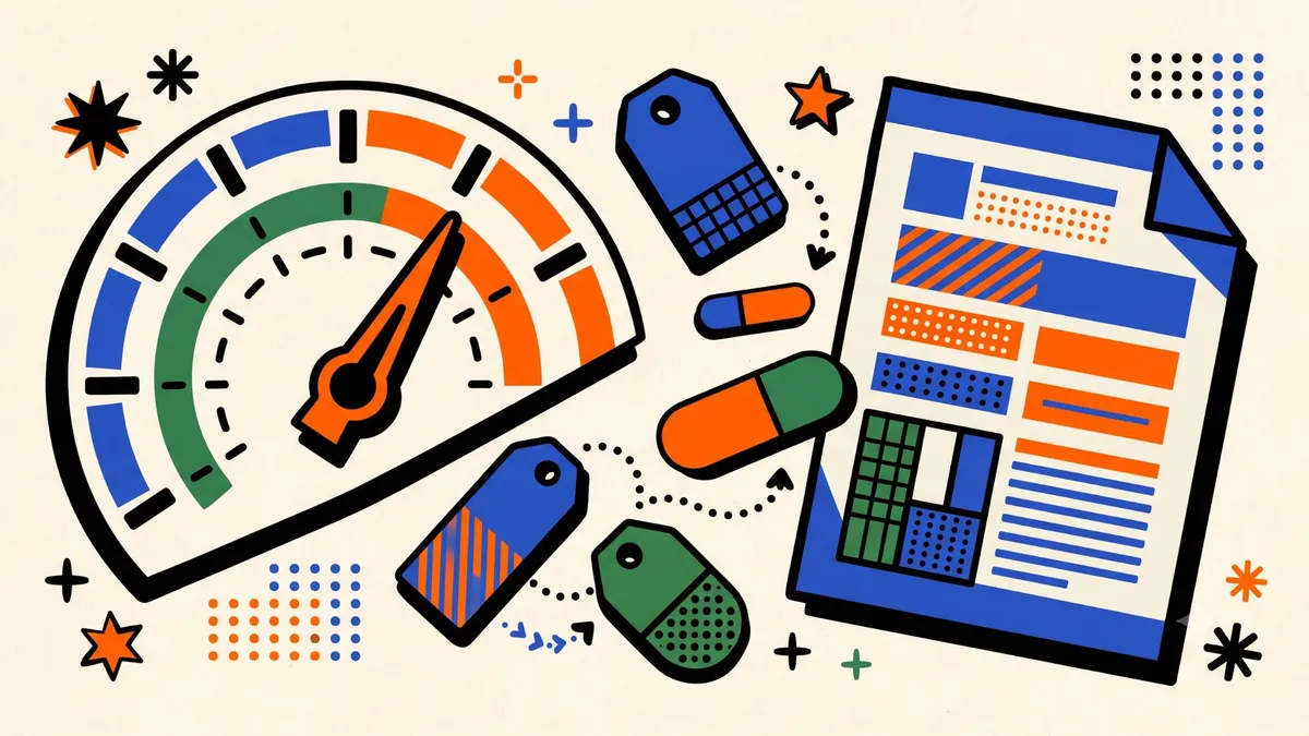 Bold graphic of a score gauge, keyword tags and a resume page in blue, orange and green